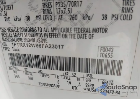 2006 Ford F-150 Stx/Xl/Xlt z USA, uszkodzony, nr VIN 1FTRX12W96FA23017